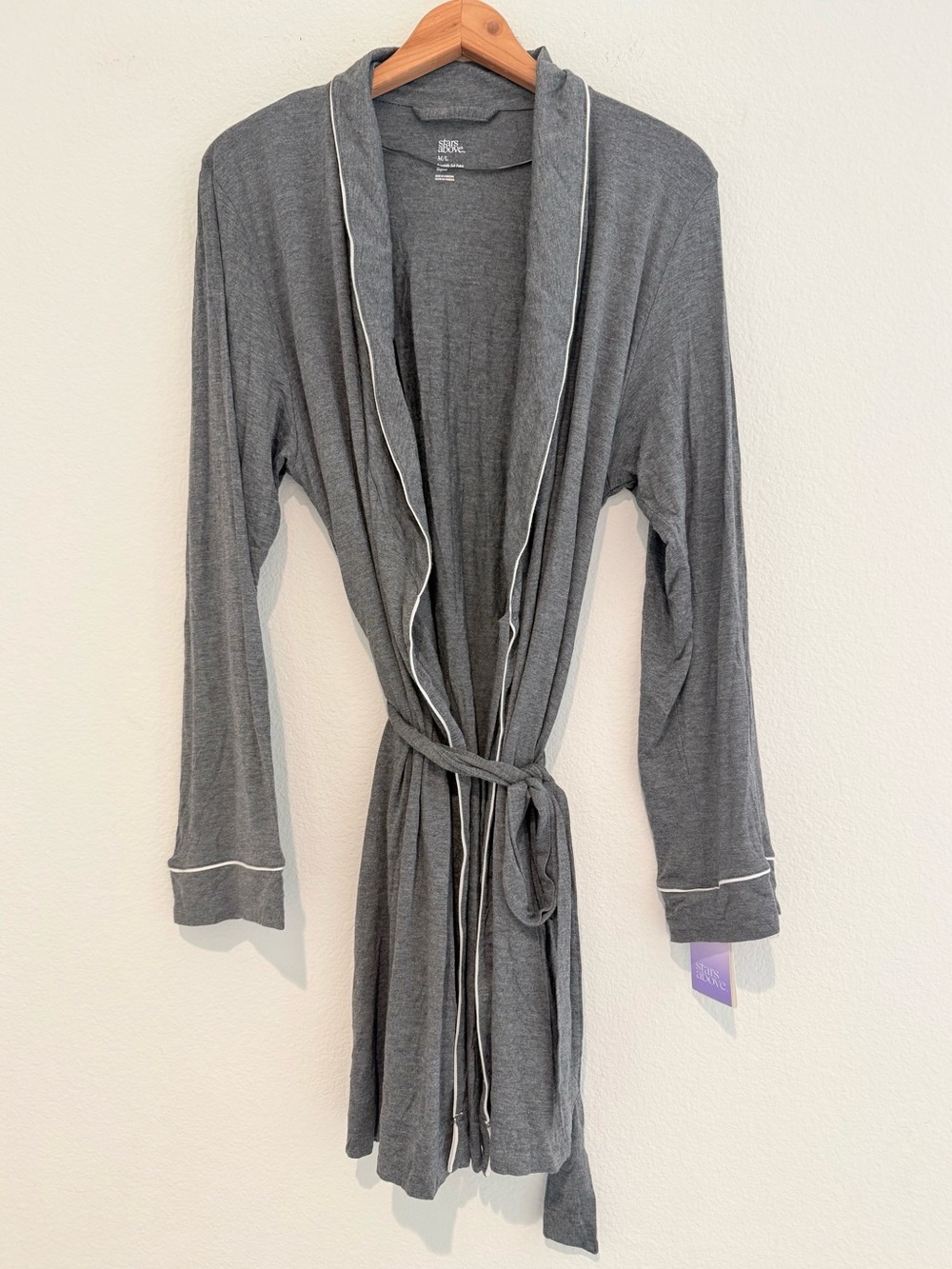 NEW Stars Above Beautifully Soft Robe Women's Gray Long Sleeve white piping M/L